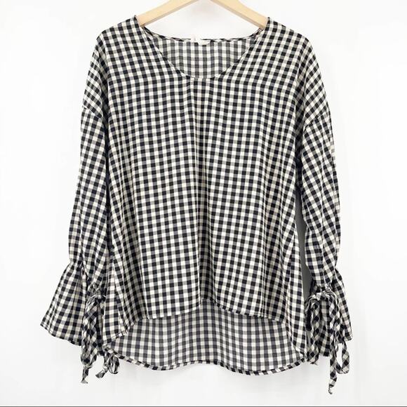 143 STORY by LINEUP Blouse Buffalo Check Ruffle Sleeves Ties Black SZ Small - Picture 1 of 9
